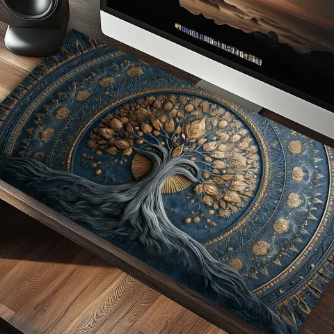 Celestial Tree of Gold and Blue Desk Mat