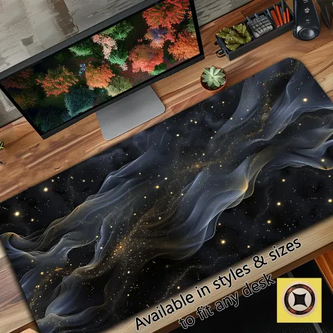 Black and Gold Cosmic Wisps Desk Mat