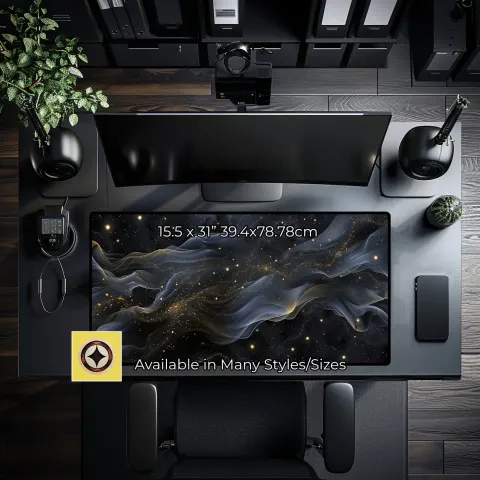 Black and Gold Cosmic Wisps Desk Mat, photograph 3