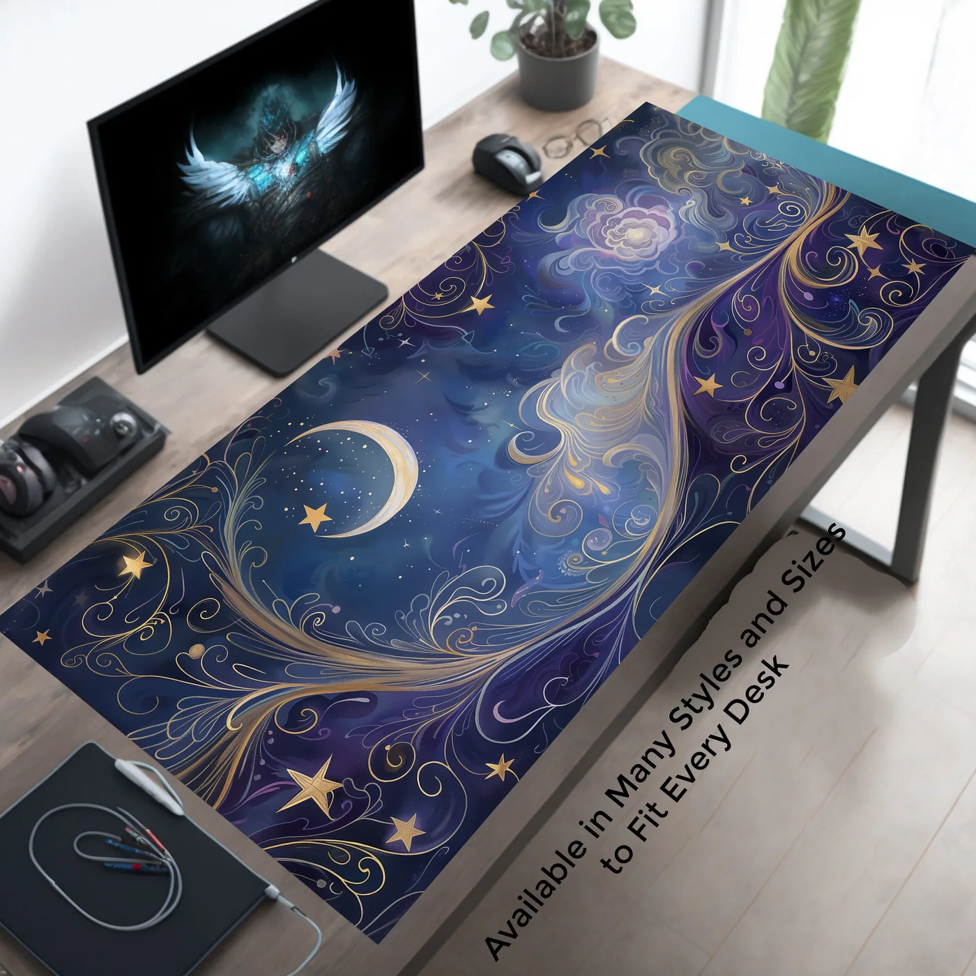 Moon & Starlight: Pastel Moon and Stars Desk Mat