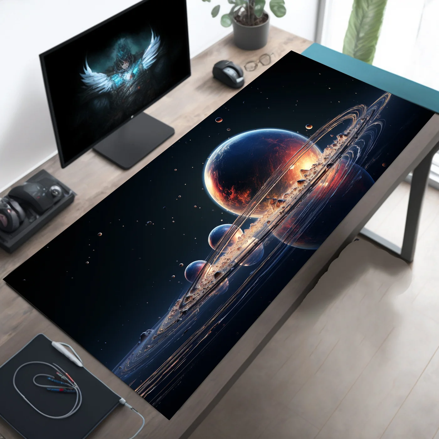 Deep Space: Cosmic Rings and Moons Desk Mat