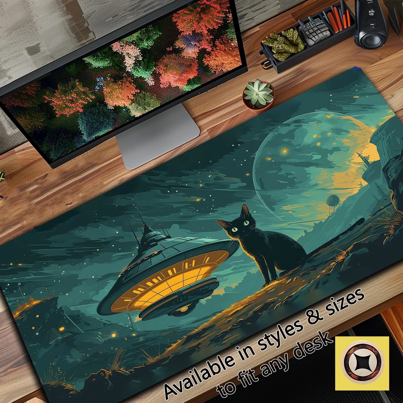 Cosmic Curiosities: UFO Cat Desk Mat